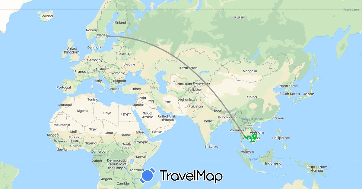 TravelMap itinerary: driving, bus, plane, boat in Cambodia, Sweden, Thailand, Vietnam (Asia, Europe)